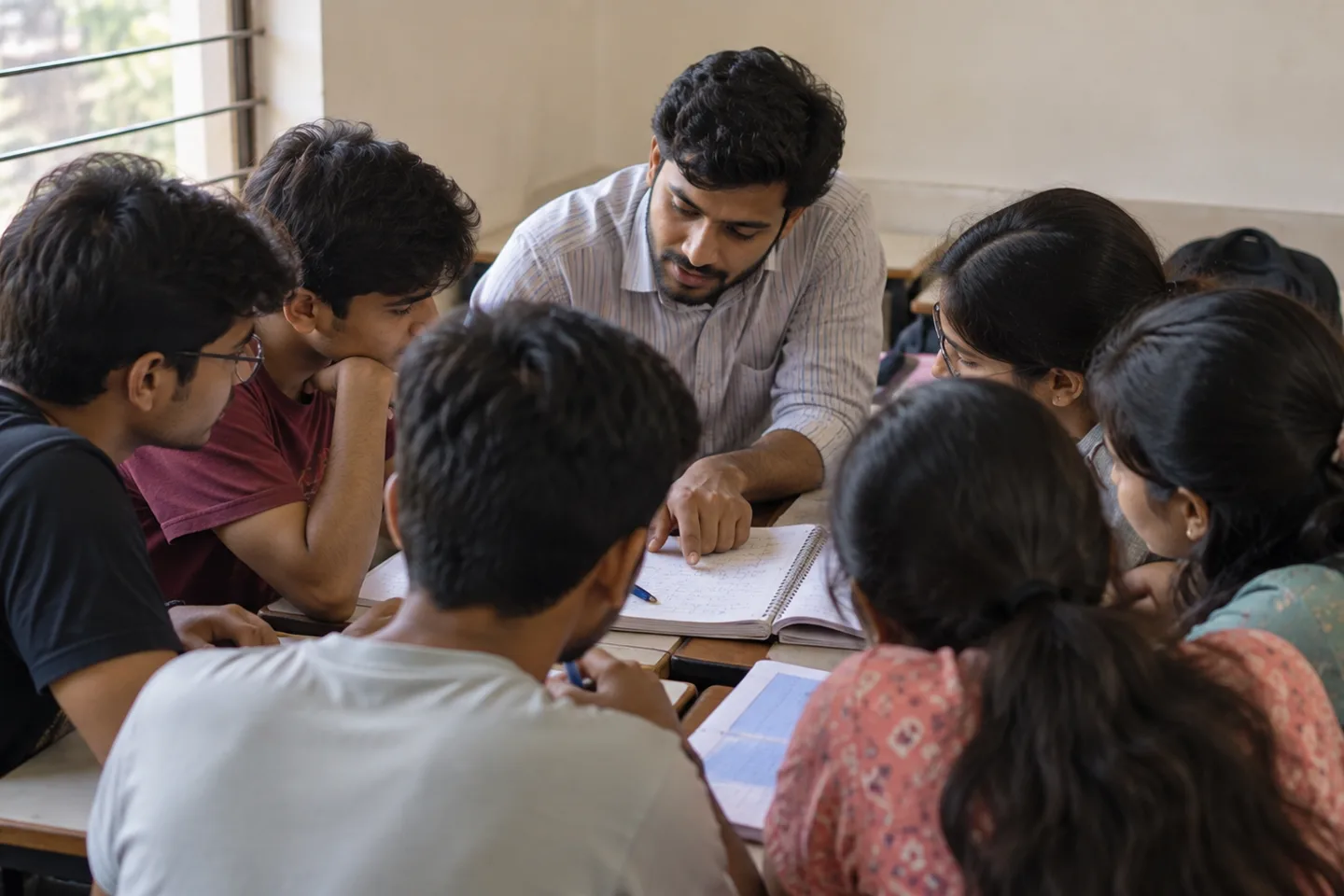 A teacher leaning over one open notebook with a small group of students
