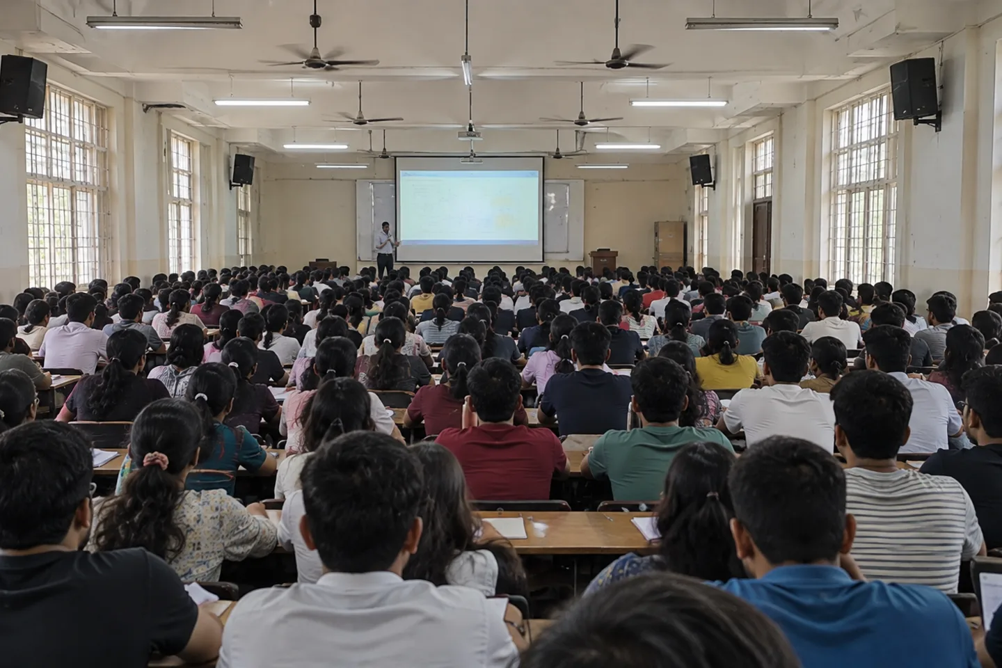 A crowded lecture hall of well over a hundred students, seen from the back